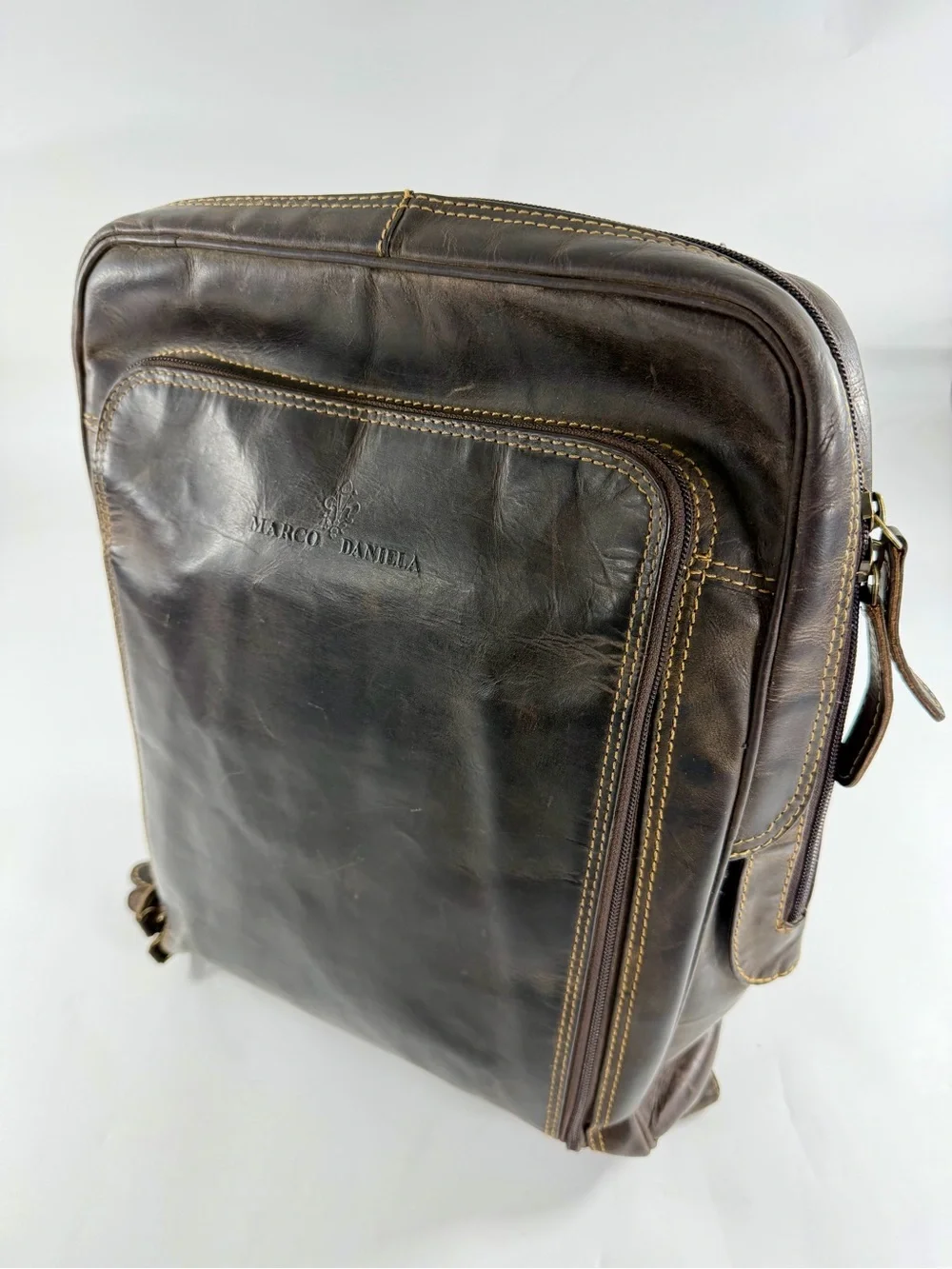 Vintage Distressed Leather Backpack Marco Daniela Brown Laptop Travel Bag